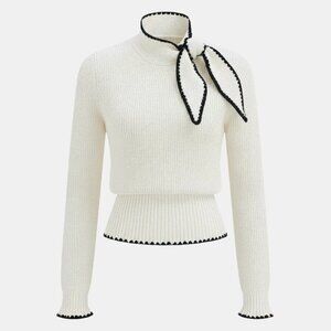 Commense Mock Neck Tie Neck Contrast Stitch Sweater White NWT, Size L